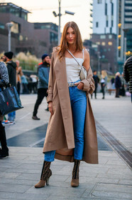 beige coat, blue denim, brown boots, denim pants, fendi, Grace Elizabeth, high heels, jeans, leather bag, leather shoes, model, trousers, white bag, white belt, white top, fashion week, frenchystyle, FW, jonathan paciullo, street style, MFW, MILAN, AUTUMN WINTER 2019-2020, AW 19-20, FALL WINTER 2019-2020, FW 19-20, vertical, full length
