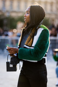 bag, black bag, black pants, coat, color, cropped coat, fluffly jacket, fur jacket, green coat, green jacket, jacket, leather bag, louis vuitton bag, louis vuitton look, pants, printed jacket, fashion week, frenchystyle, FW, jonathan paciullo, street style, PFW, PARIS, SPRING SUMMER 2022, SS 22, vertical, atmosphere details