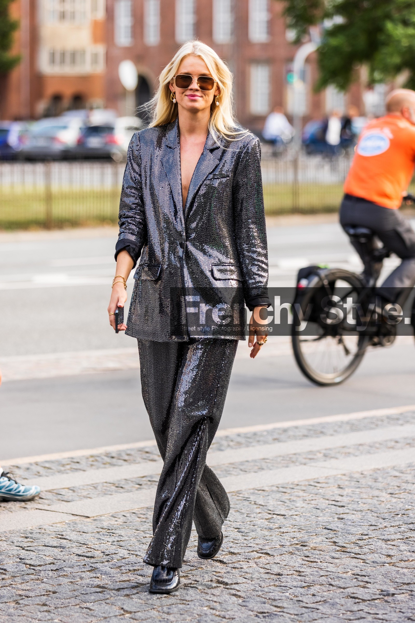 aviator, black boots, boots, earrings, fluid pants, gold earrings, gold sunglasses, grey blazer, grey pants, large pants, leather boots, pants, pearl, shiny, sparkle, sparkle blazer, sparkle pants, suit, sunglasses, Andrea Steen, fashion week, frenchystyle, FW, jonathan paciullo, street style, SPRING SUMMER 2022, SS 22, COPENHAGEN, CPHFW, vertical, full length