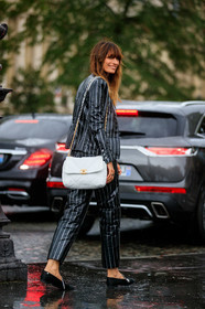 caroline de maigret, chanel bag, chanel jacket, chanel pants, chanel shoes, chanel shirt, black leather jacket, black leather pants, white leather bag, quilted bag, shoulder bag, chain strap bag, white bag, ruffle shirt, silvered pants, silvered jacket, striped jacket, striped pants, black loafers, strassed shoes, cropped pants, PARIS, PFW, SPRING SUMMER 2020, SS 20, fashion week, frenchystyle, FW, jonathan paciullo, street style, vertical, full length