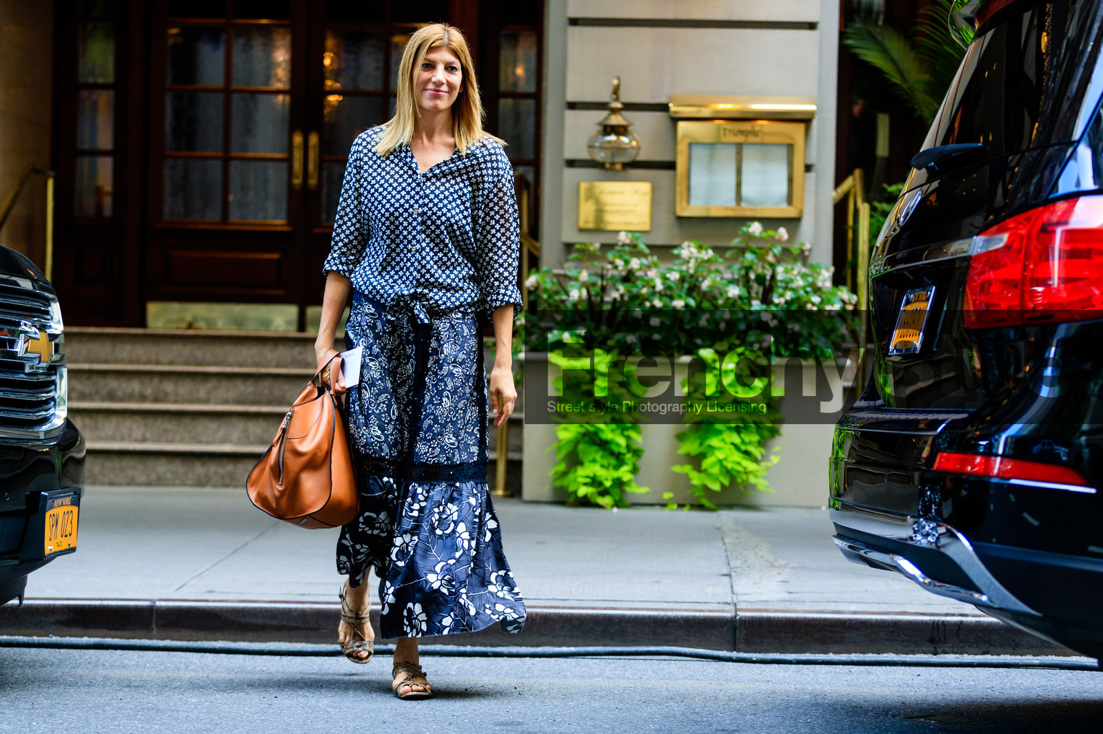 atmosphere details, blue shirt, blue skirt, camel bag, fashion week, floral, flower, frenchystyle, full length, FW, horizontal, jonathan paciullo, leather bag, long skirt, NEW YORK, NYFW, printed shirt, printed skirt, rachael wang, SPRING SUMMER 2017, SS 17, street style, virginia smith, woman