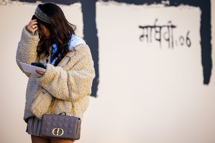 studded headband, dior, christian dior, chain bag, dior bag, purple bag, crossbody bag, furry jacket, white jacket, white hoodie, wavy hair, mini skirt, pleated skirt, ring, close up, fashion week, frenchystyle, FW, jonathan paciullo, street style, PARIS, PFW, SPRING SUMMER 2022, SS 22, atmosphere details, detail, horizontal
