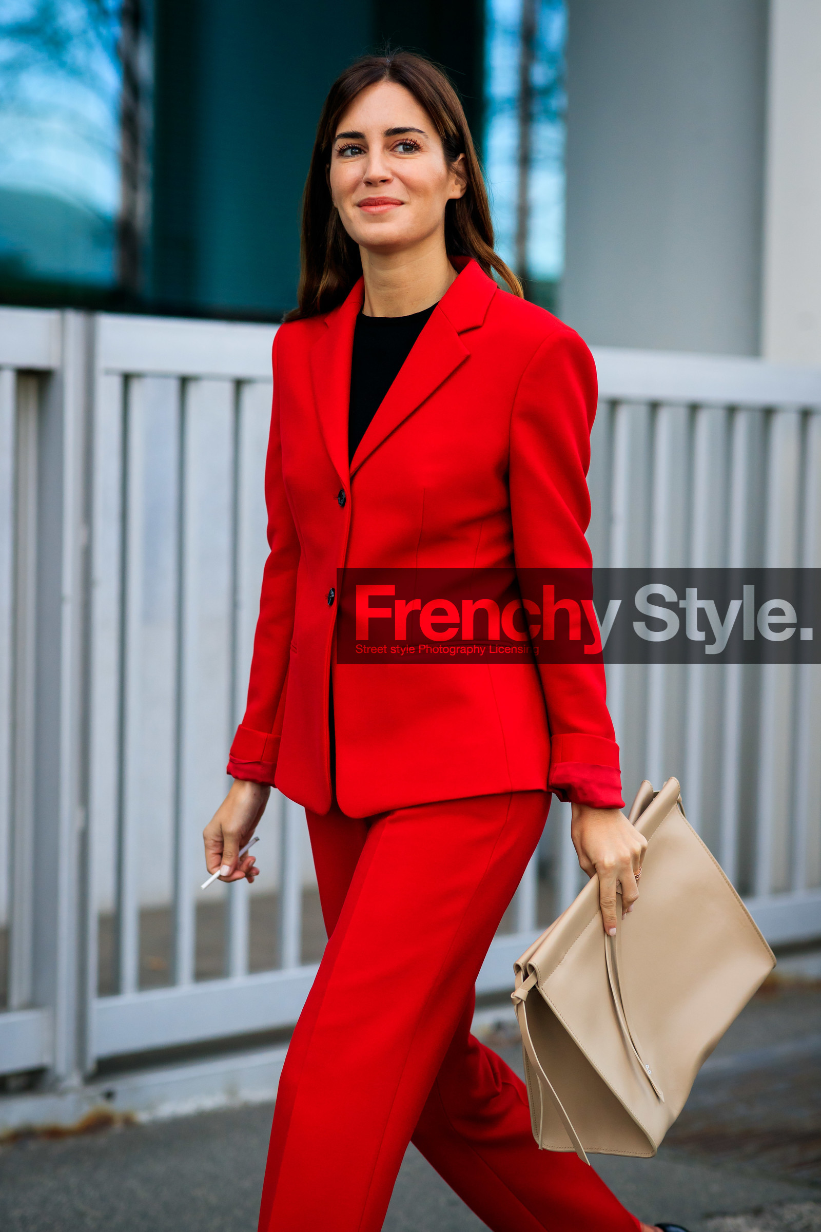 gala gonzalez, red jacket, red pants, beige leather clutch, black top, fashion week, frenchystyle, FW, jonathan paciullo, street style, MFW, MILAN, AUTUMN WINTER 2020-2021, FALL WINTER 2020-2021, FW 20-21, vertical, full length