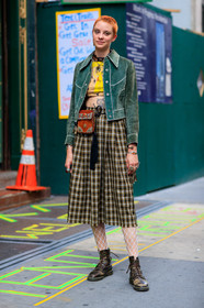 brown boots, checked skirt, cropped top, dr martens, dyed hair, fanny pack, fashion week, fishnet, frenchystyle, full length, FW, graphic skirt, green jacket, jonathan paciullo, leather bag, leather jacket, leather shoes, necklace, NEW YORK, NYFW, plaid, pleated skirt, printed skirt, printed t shirt, red bag, SPRING SUMMER 2018, SS 18, street style, tartan, tattoos, tights, vertical, yellow t shirt