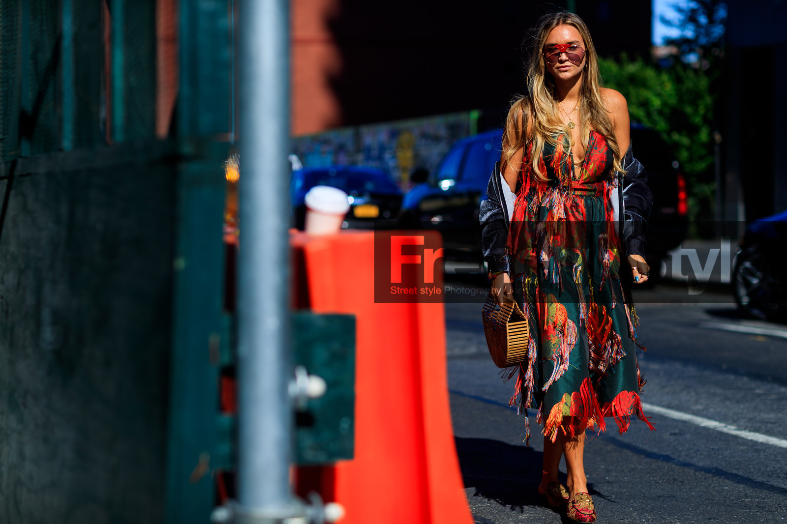 atmosphere details, bustier dress, embroidered dress, embroideries, fashion week, frenchystyle, fringes, full length, FW, golden details, graphic bag, green dress, grey jacket, gucci, horizontal, jonathan paciullo, loafers, multicolor dress, NEW YORK, nina suess, NYFW, off the shoulder, red shoes, SPRING SUMMER 2018, SS 18, street style, sunglasses, velvet, wood bag