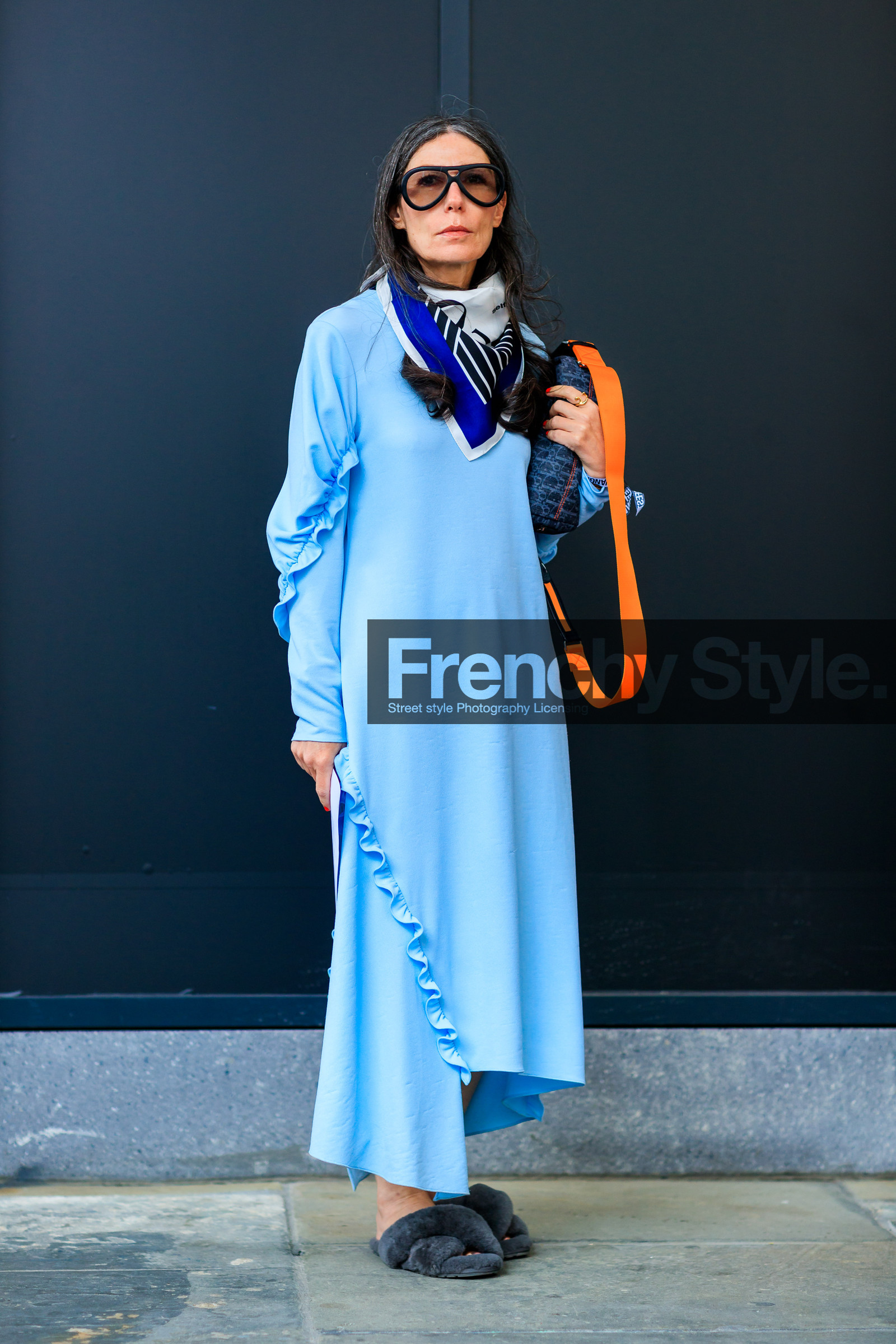 black bag, blue dress, blue scarf, christian dior, fashion week, frenchystyle, full length, fur shoes, FW, grey sandals, jonathan paciullo, leather bag, long dress, monogram, NEW YORK, NYFW, printed bag, printed scarf, ruffles, SPRING SUMMER 2018, SS 18, street style, sunglasses, vertical, Véronique Tristram