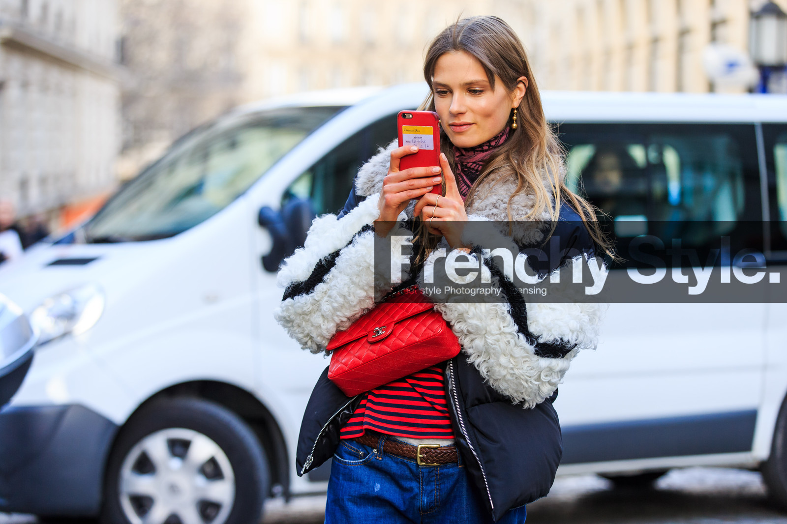 atmosphere details, AUTUMN WINTER 2016-2017, AW 16-17, black jacket, blue denim, Caroline Brasch Nielsen, chanel, denim pants, detail, earrings, FALL WINTER 2016-2017, fashion week, frenchystyle, FW, FW 16-17, golden jewelry, horizontal, iphone, jeans, jonathan paciullo, leather bag, leather jacket, model, PARIS, PFW, pink scarf, printed scarf, red bag, shearling, street style, trousers, white fur