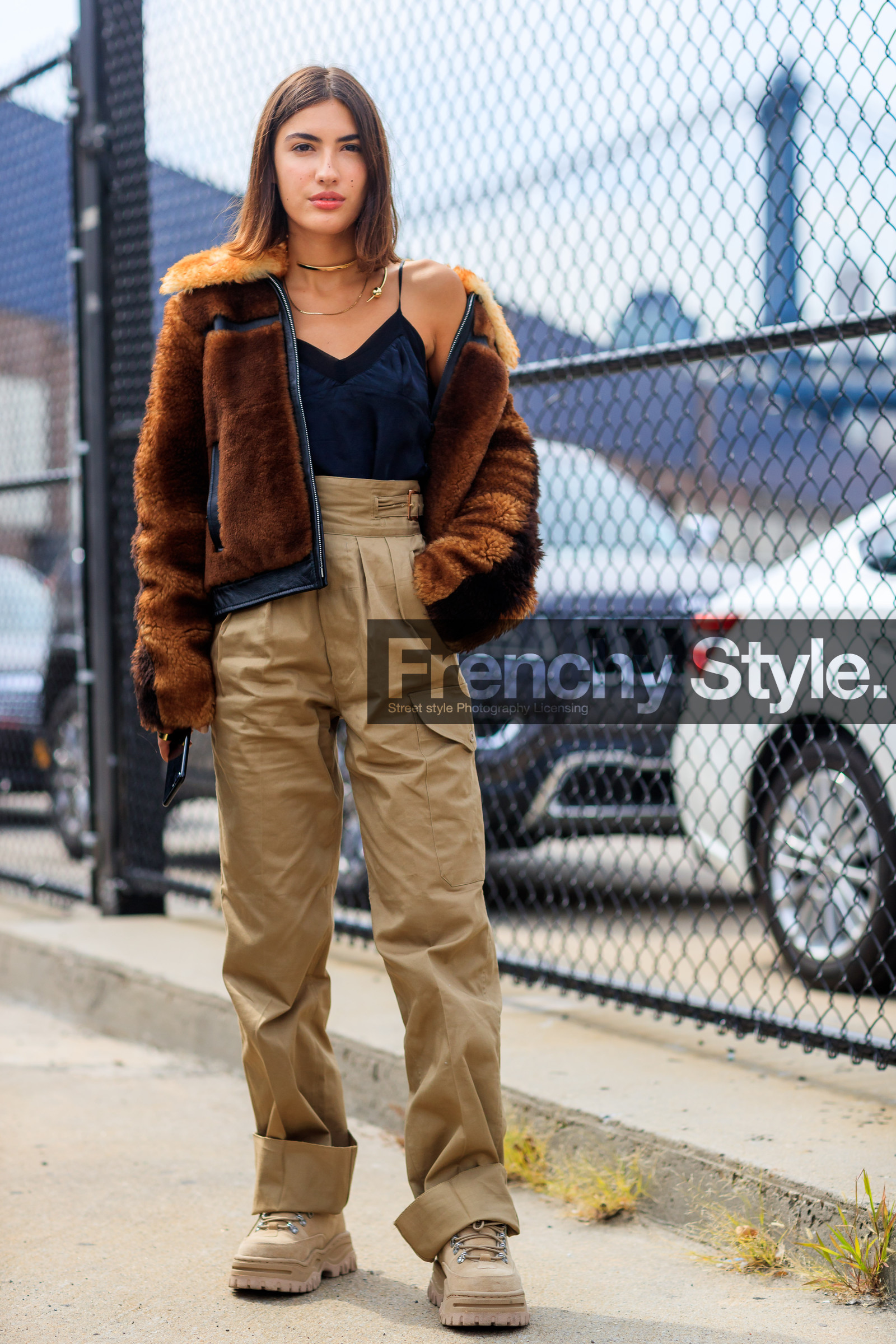 beige boots, beige pants, black tank top, brown fur, brown jacket, fashion week, frenchystyle, full length, fur jacket, FW, high waist, jonathan paciullo, leather shoes, NEW YORK, NYFW, patricia manfield, SPRING SUMMER 2018, SS 18, street style, trousers, vertical