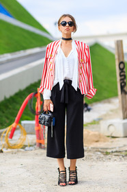 black bag, black pants, black sandals, blazer, choker, fashion week, fendi, frenchystyle, full length, FW, geometric, graphic jacket, high heels, jonathan paciullo, lace up shoes, leather bag, MENSWEAR, mini bag, necklace, over the shoulder, PARIS, PFW, red jacket, silk shirt, SPRING SUMMER 2017, SS 17, street style, striped jacket, stripes, sunglasses, trousers, vertical, white shirt