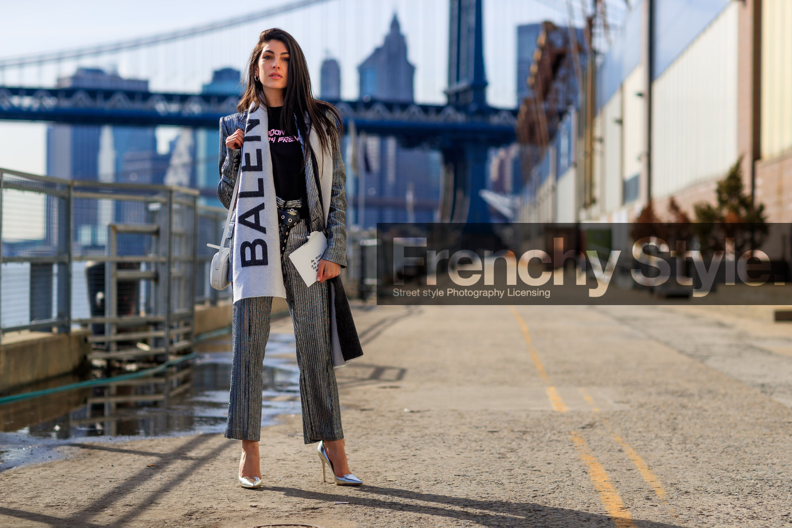 balenciaga, black t shirt, graphic jacket, graphic pants, high heels, leather shoes, printed jacket, printed pants, printed t shirt, shiny jacket, shiny pants, shiny shoes, silver shoes, trousers, white scarf, street style, jonathan paciullo, FW, frenchystyle, fashion week, NYFW, NEW YORK, AUTUMN WINTER 2018-2019, AW 18-19, FALL WINTER 2018-2019, FW 18-19, atmosphere details, horizontal, full length, anna nooshin