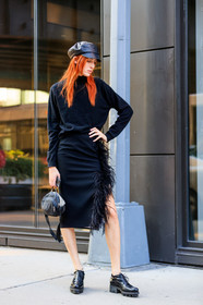 black bag, black cap, black shoes, black skirt, black sweater, fashion week, feathers, frenchystyle, full length, FW, jonathan paciullo, leather bag, leather shoes, model, NEW YORK, NYFW, SPRING SUMMER 2018, SS 18, street style, teddy quinlivan, tone on tone, total look black, vertical
