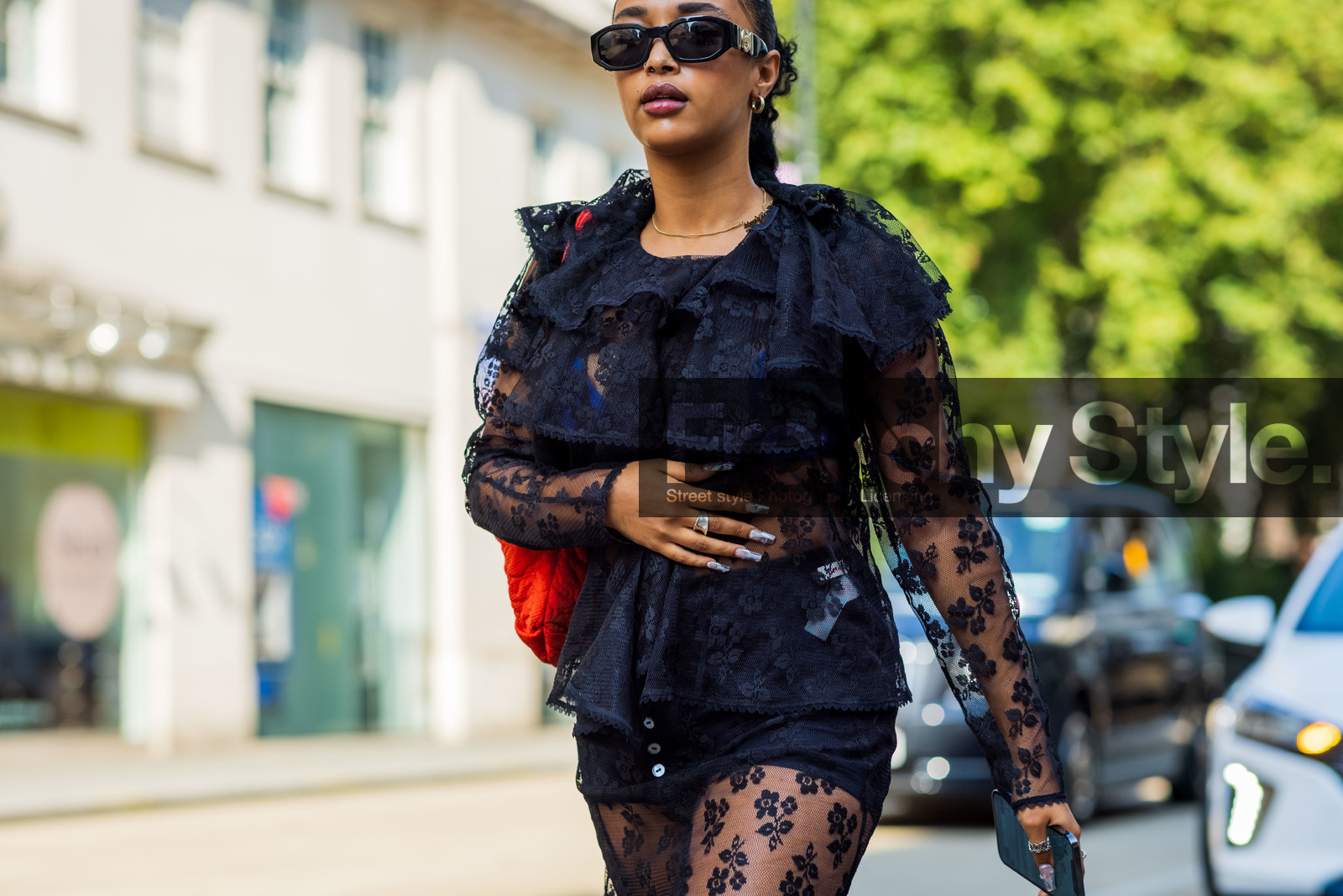 Rimon, sunglasses, flared top, midi skirt, black, earrings, ring, fashion week, frenchystyle, FW, jonathan paciullo, street style, SPRING SUMMER 2022, SS 22, LFW, LONDON, horizontal, atmosphere details, detail