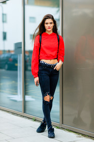 black bag, black belt, black denim, black sneakers, denim pants, fashion week, frenchystyle, full length, FW, hoodie, jeans, jonathan paciullo, leather backpack, leather belt, LFW, LONDON, model, nike, red sweater, SPRING SUMMER 2017, SS 17, street style, trousers, versus, vertical, woman