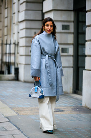 bettina looney, blue bag, graphic bag, grey coat, leather bag, leather coat, printed bag, trousers, tweed bag, white pants, street style, jonathan paciullo, FW, frenchystyle, fashion week, LFW, LONDON, AUTUMN WINTER 2019-2020, AW 19-20, FW 19-20, FALL WINTER 2019-2020, vertical, full length