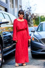 black bag, clara cornet, fashion week, frenchystyle, full length, FW, jonathan paciullo, NEW YORK, NYFW, red dress, red scarf, SPRING SUMMER 2018, SS 18, street style, sunglasses, vertical