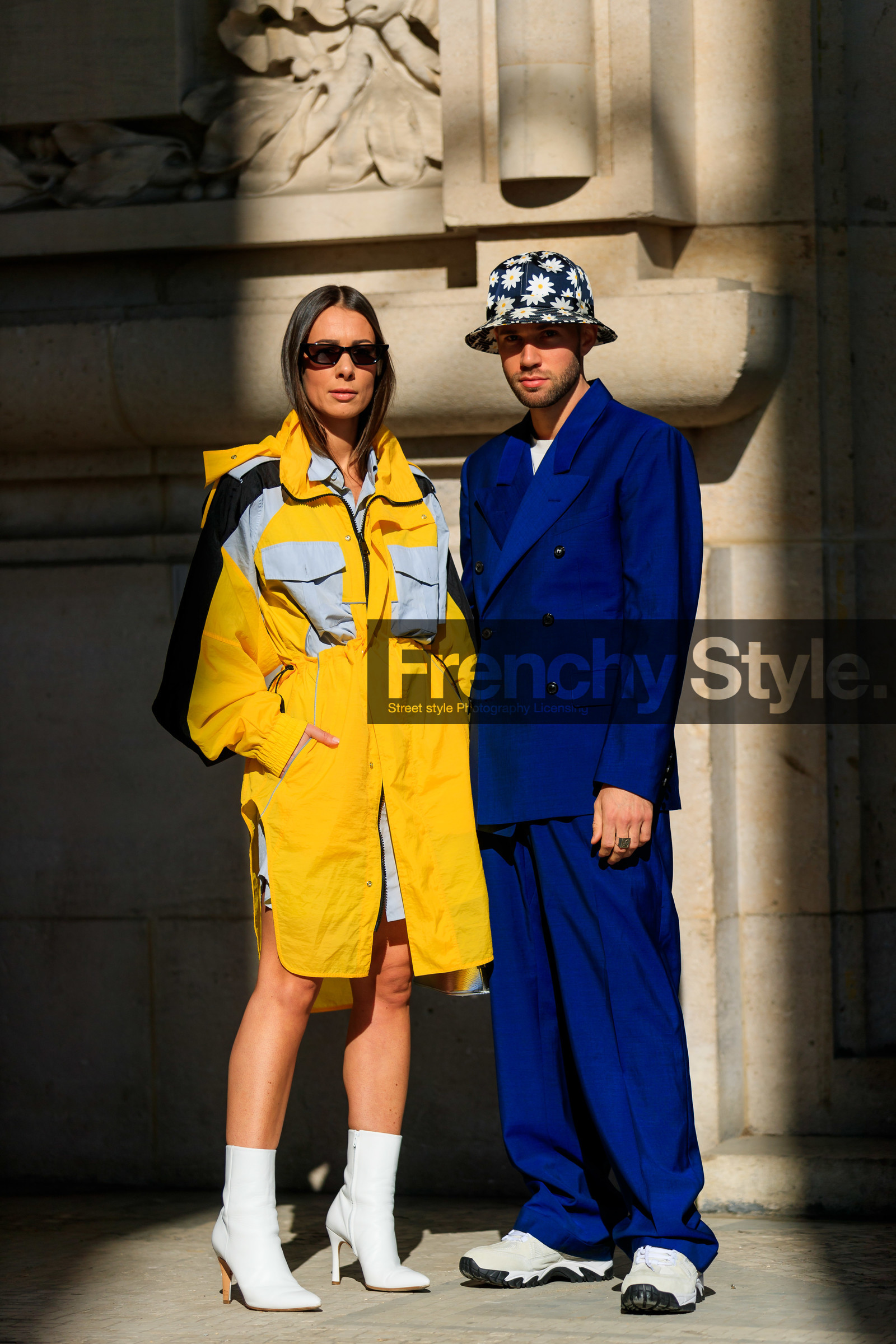 alice & j.s, black hat, blazer, blue jacket, blue pants, blue suit, bucket hat, floral, flowers, graphic jacket, high heels, leather shoes, maison martin margiela, parka, printed jacket, sunglasses, trousers, white shoes, yellow coat, PARIS, PFW, street style, jonathan paciullo, FW, frenchystyle, fashion week, AUTUMN WINTER 2019-2020, AW 19-20, FALL WINTER 2019-2020, FW 19-20, vertical, full length