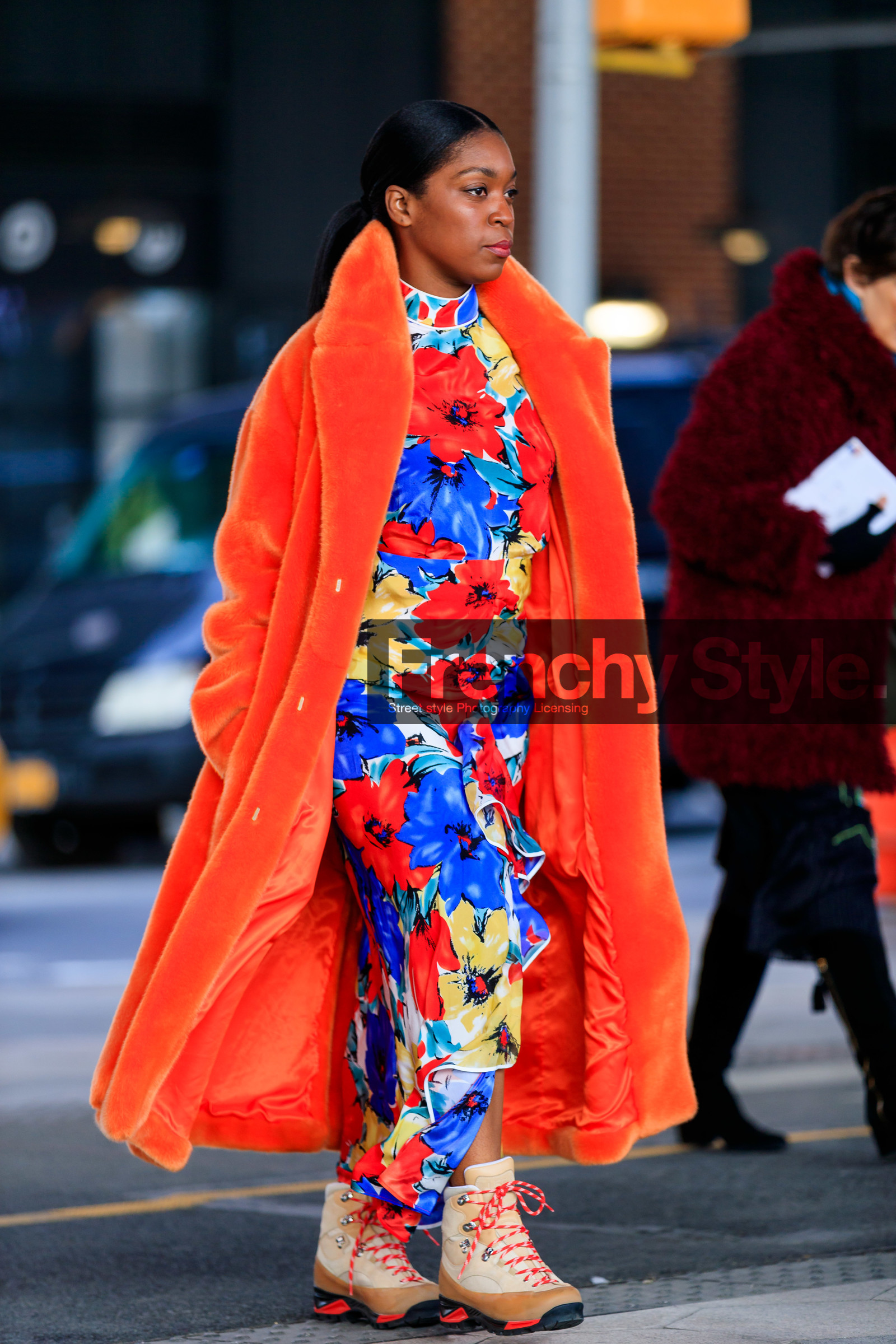 beige boots, floral, flowers, Fur coat, graphic dress, gucci, leather shoes, multicolor dress, printed dress, red coat, red fur, street style, jonathan paciullo, frenchystyle, NYFW, NEW YORK, AUTUMN WINTER 2019-2020, AW 19-20, FALL WINTER 2019-2020, FW 19-20, fashion week, FW, vertical, full length