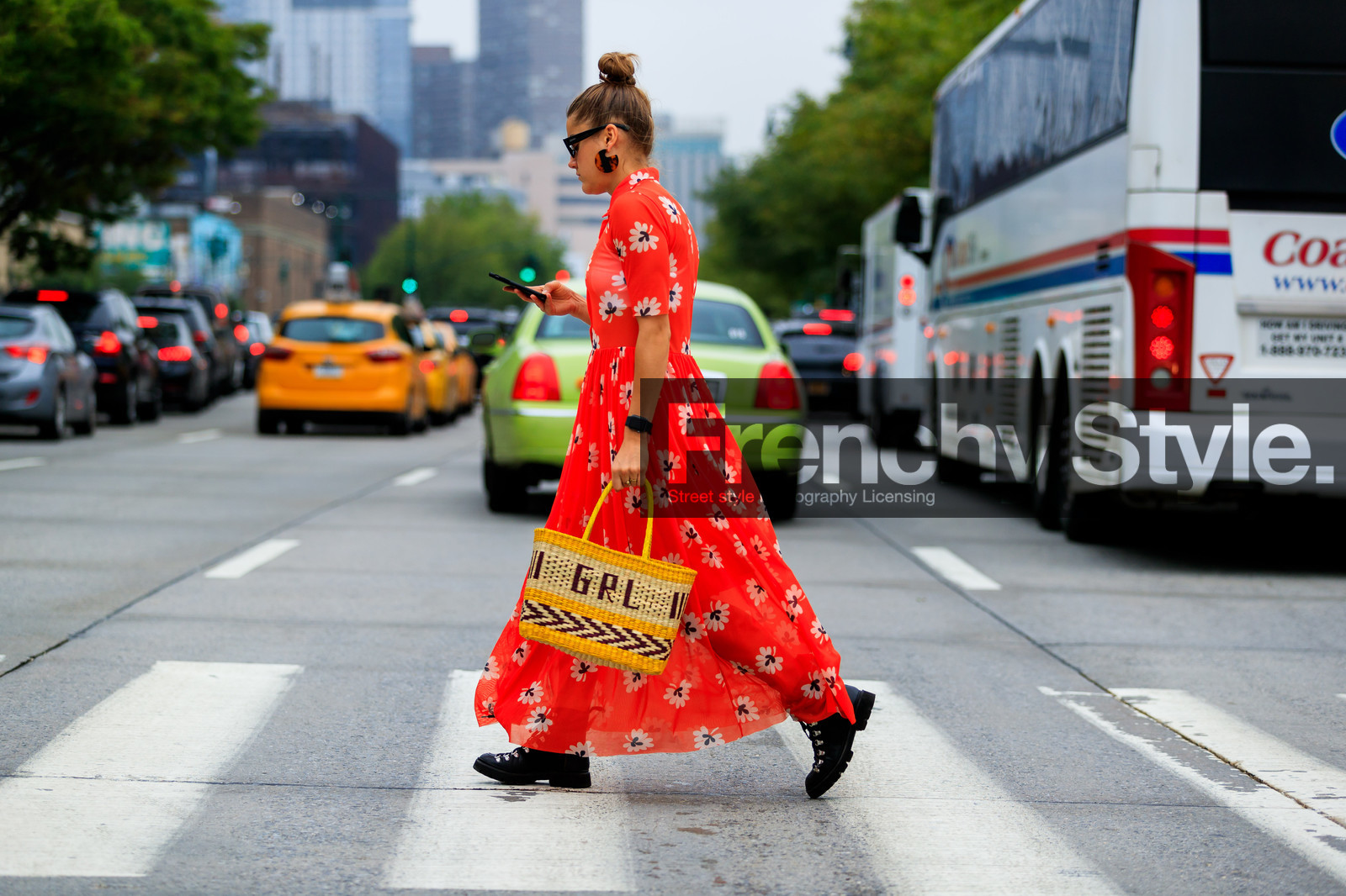 black shoes, bun, earrings, floral, flowers, graphic bag, graphic dress, leather bag, leather shoes, printed bag, printed dress, red dress, sunglasses, yellow bag, street style, jonathan paciullo, FW, frenchystyle, fashion week, NYFW, NEW YORK, SPRING SUMMER 2019, SS 19, atmosphere details, horizontal, full length