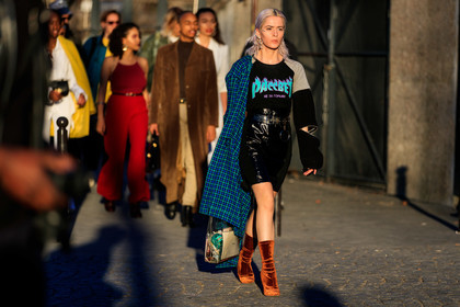 black skirt, black sweater, blue coat, brown boot, checked, graphic bag, graphic jacket, leather bag, leather shoes, leather skirt, off the shoulder, plaid, printed bag, printed jacket, printed sweater, transparent bag, velvet, PARIS, PFW, street style, jonathan paciullo, FW, frenchystyle, fashion week, AUTUMN WINTER 2019-2020, AW 19-20, FALL WINTER 2019-2020, FW 19-20, horizontal, atmosphere details, full length