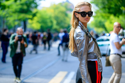 atmosphere details, black pants, detail, fashion week, frenchystyle, FW, grey jacket, horizontal, jonathan paciullo, leather jacket, leather perfecto, metallic jacket, MFW, MILAN, model, romee strijd, silver jacket, SPRING SUMMER 2017, SS 17, street style, striped pants, sunglasses, trousers, white t shirt