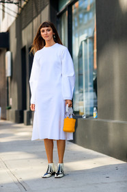 black and white shoes, brie welch, fashion week, frenchystyle, full length, FW, jonathan paciullo, leather bag, leather shoes, NEW YORK, NYFW, orange bag, SPRING SUMMER 2018, SS 18, street style, vertical, white dress