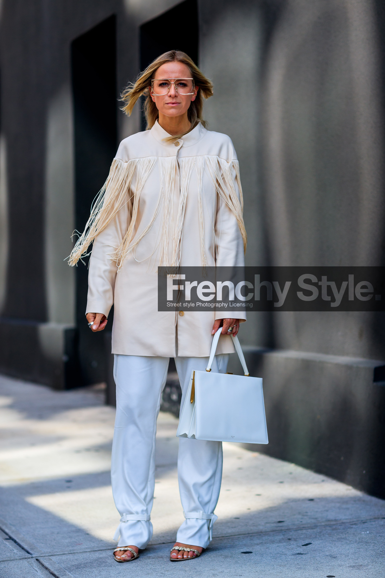 beige jacket, celine aagaard, fashion week, frenchystyle, fringes, full length, FW, jonathan paciullo, leather bag, leather shoes, NEW YORK, NYFW, SPRING SUMMER 2018, SS 18, street style, trousers, vertical, white pants