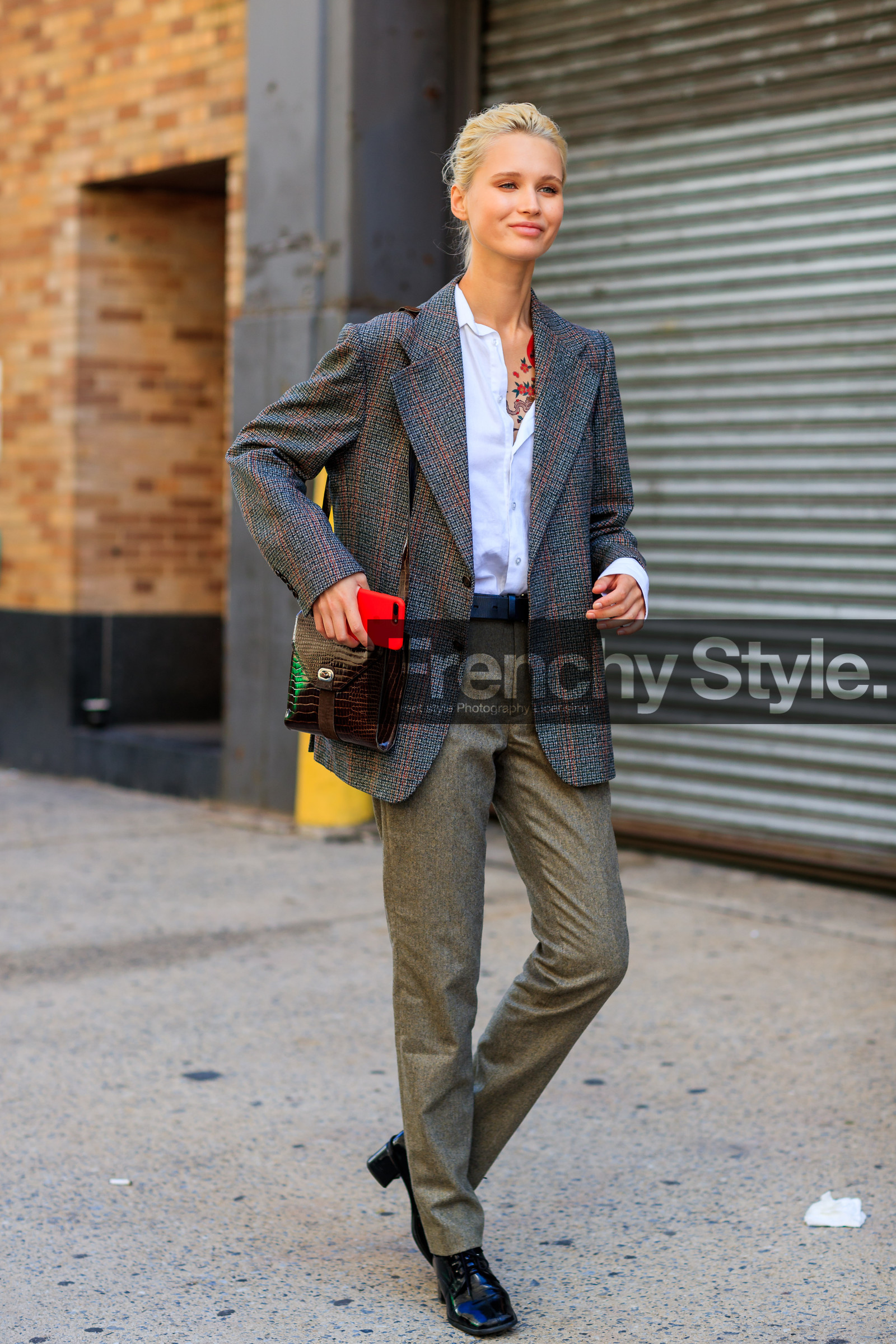 black shoes, blazer, brown bag, brown pants, checked jacket, fashion week, frenchystyle, full length, FW, grey jacket, jonathan paciullo, leather bag, model, NEW YORK, NYFW, SPRING SUMMER 2018, SS 18, street style, trousers, vertical, white shirt