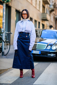 AUTUMN WINTER 2017-2018, AW 17-18, blue skirt, FALL WINTER 2017-2018, fashion week, frenchystyle, full length, FW, FW 17-18, high waist, jonathan paciullo, leather shoes, long skirt, MFW, MILAN, red boots, street style, striped shirt, sunglasses, turtleneck sweater, vertical, white shirt, white sweater, yoyo cao