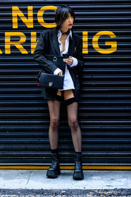 black jacket, black shoes, blazer, choker, fashion week, frenchystyle, full length, FW, jonathan paciullo, leather shoes, model, necklace, NEW YORK, NYFW, sora choi, SPRING SUMMER 2018, SS 18, street style, tights, vertical, white shirt