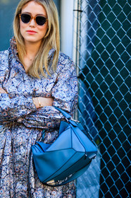 Annabel Rosendahl, atmosphere details, blue bag, detail, fashion week, frenchystyle, FW, graphic dress, jonathan paciullo, leather bag, loewe, louis vuitton, NEW YORK, NYFW, printed coat, printed dress, silver coat, SPRING SUMMER 2018, SS 18, street style, sunglasses, vertical