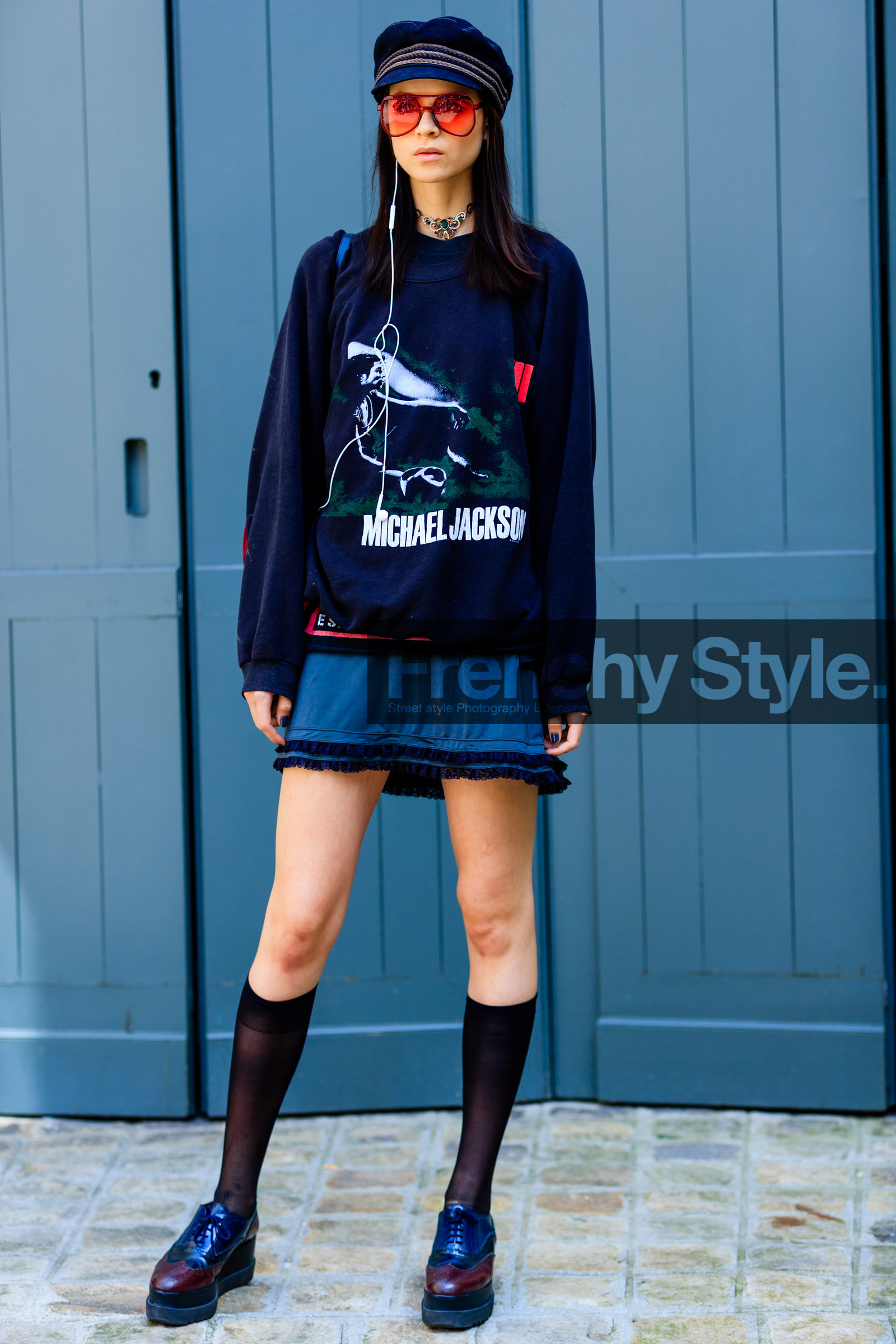 ana cristina, AUTUMN WINTER 2016-2017, AW 16-17, black cap, black socks, black sweater, blue shoes, choker, FALL WINTER 2016-2017, fashion week, frenchystyle, full length, FW, FW 16-17, grey dress, HAUTE COUTURE, high socks, jonathan paciullo, leather shoes, MENSWEAR, model, PARIS, PFW, printed sweater, street style, sunglasses, vertical