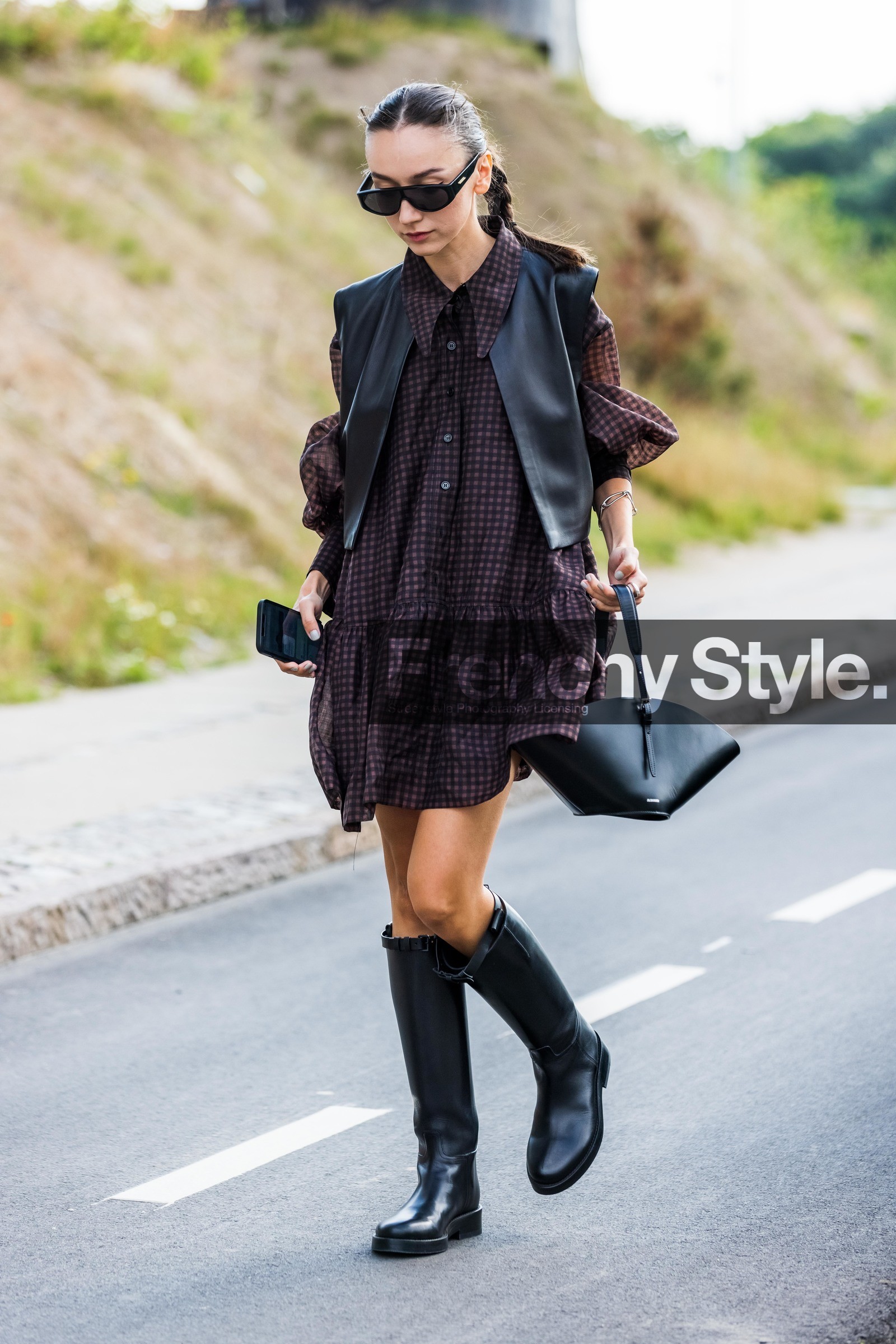 bag, bicolor, black bag, black boots, black sunglasses, boots, brown dress, check, checked dress, dress, jacket, leather bag, leather boots, leather jacket, print, printed dress, ruffles, sleveless jacket, sunglasses, jil sander bag, Beatrice Gutu, fashion week, frenchystyle, FW, jonathan paciullo, street style, SPRING SUMMER 2022, SS 22, COPENHAGEN, CPHFW, vertical, full length