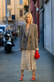 thora valdimars, checked jacket, beige jacket, brown jacket, light beige dress, white dress, pleated dress, low necked dress, fruits printed dress, long dress, red leather bag, red leather sandals, bottega veneta bag, plaited bag, multi straps sandals, fashion week, frenchystyle, FW, jonathan paciullo, street style, MFW, MILAN, AUTUMN WINTER 2020-2021, FALL WINTER 2020-2021, FW 20-21, vertical, full length
