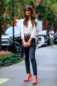 black bag, black denim, brown belt, denim pants, embroidered shoes, emily ratajkowski, fashion week, frenchystyle, full length, FW, high heels, jeans, jonathan paciullo, leather bag, leather shoes, leopard, leopard print, model, NEW YORK, NYFW, red shoes, ruffles, SPRING SUMMER 2018, SS 18, street style, sunglasses, trousers, vertical, white blouse