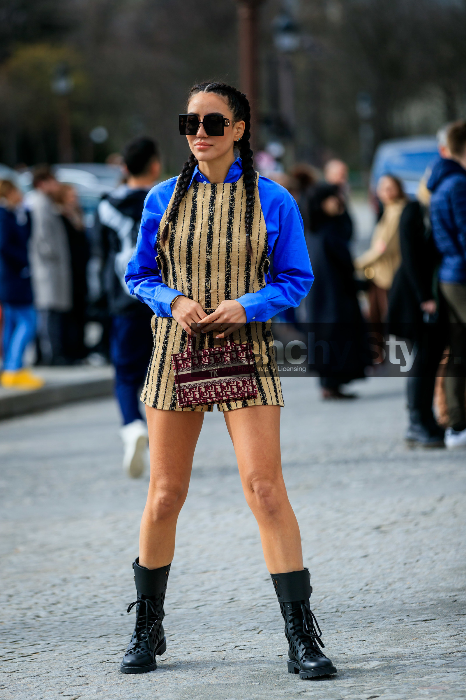 tamara kalinic, blue shirt, plaited hair, dior bag, dior sunglasses, big sunglasses, square shape glasses, beige jumpsuit, black jumpsuit, striped jumpsuit, sleeveless jumpsuit, short jumpsuit, burgundy bag, monogrammed bag, mini bag, hand bag, black leather boots, laced boots, flat boots, openwork boots, fishnet shoes, dior boots, fashion week, frenchystyle, FW, jonathan paciullo, street style, PFW, PARIS, AUTUMN WINTER 2020-2021, FALL WINTER 2020-2021, FW 20-21, vertical, full length