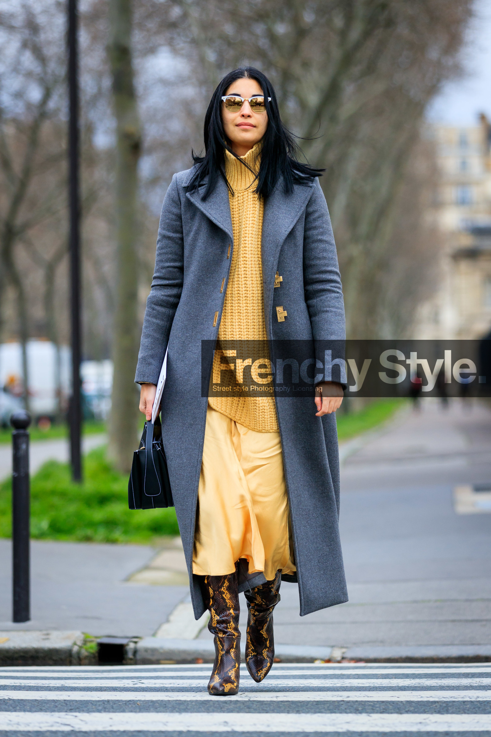 caroline issa, yellow pullover, yellow skirt, long skirt, satin skirt, brown leather boots, animal skin boots, grey coat, rayban sunglasses, mirror sunglasses, turtleneck pullover, white sunglasses, black leather bag, hand bag, fashion week, frenchystyle, FW, jonathan paciullo, street style, PFW, PARIS, AUTUMN WINTER 2020-2021, FALL WINTER 2020-2021, FW 20-21, vertical, full length