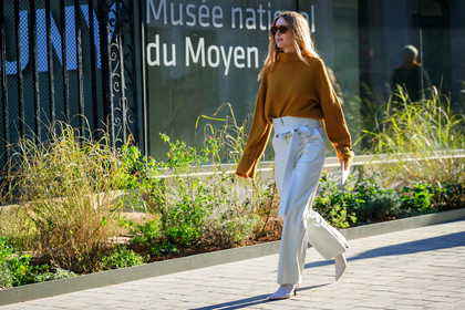 camel sweater, leather pants, leather shoes, pernille teisbaek, sunglasses, trousers, white pants, white shoes, PARIS, PFW, street style, jonathan paciullo, FW, frenchystyle, fashion week, AUTUMN WINTER 2019-2020, AW 19-20, FALL WINTER 2019-2020, FW 19-20, horizontal, atmosphere details, full length