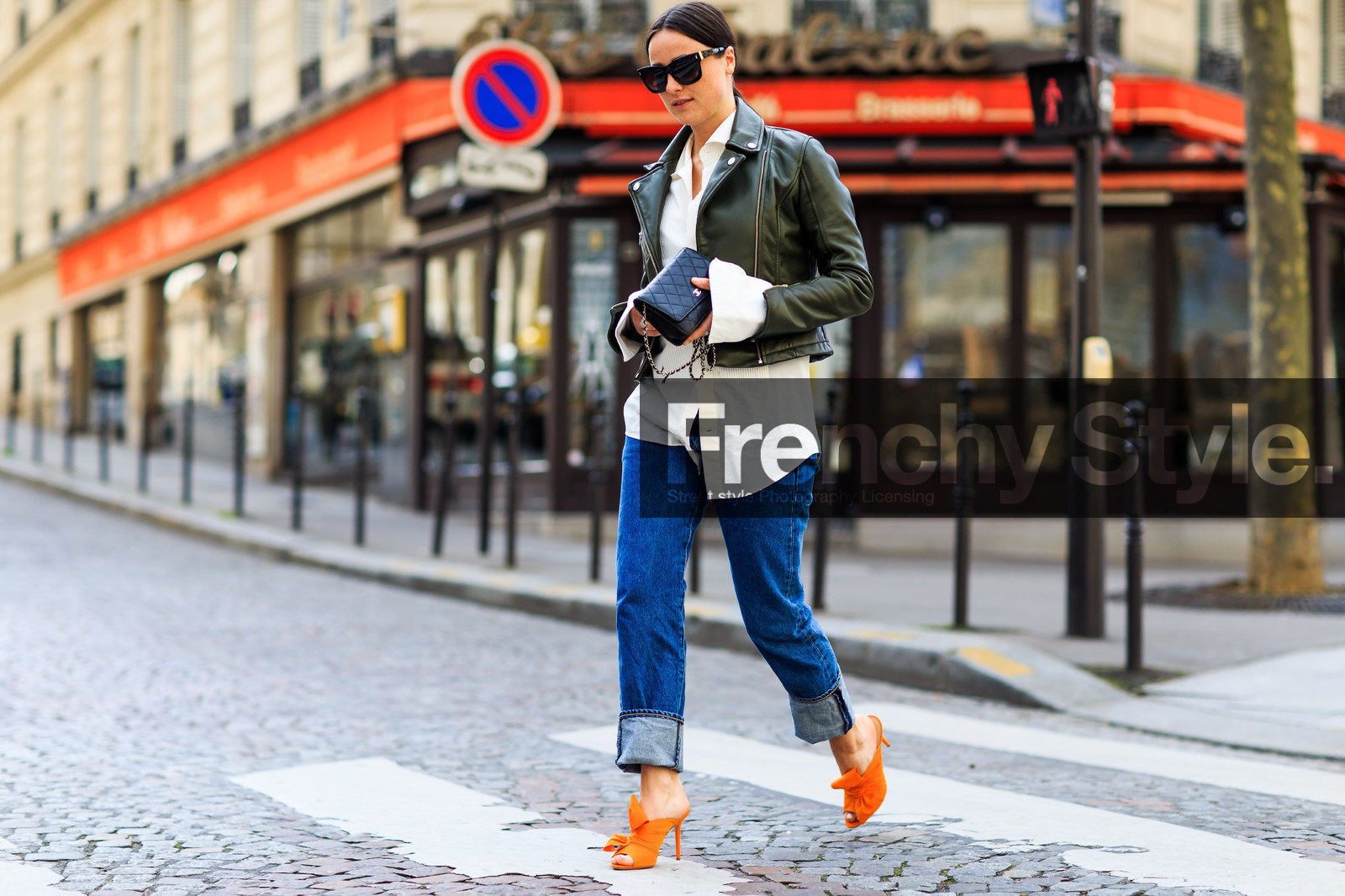 atmosphere details, AUTUMN WINTER 2016-2017, AW 16-17, black bag, black jacket, black perfecto, blue denim, chanel, denim pants, FALL WINTER 2016-2017, fashion week, frenchystyle, full length, FW, FW 16-17, high heels, horizontal, jeans, jonathan paciullo, leather bag, leather jacket, leather perfecto, mini bag, mules, orange sandals, PARIS, PFW, street style, suede shoes, sunglasses, trousers, white shirt