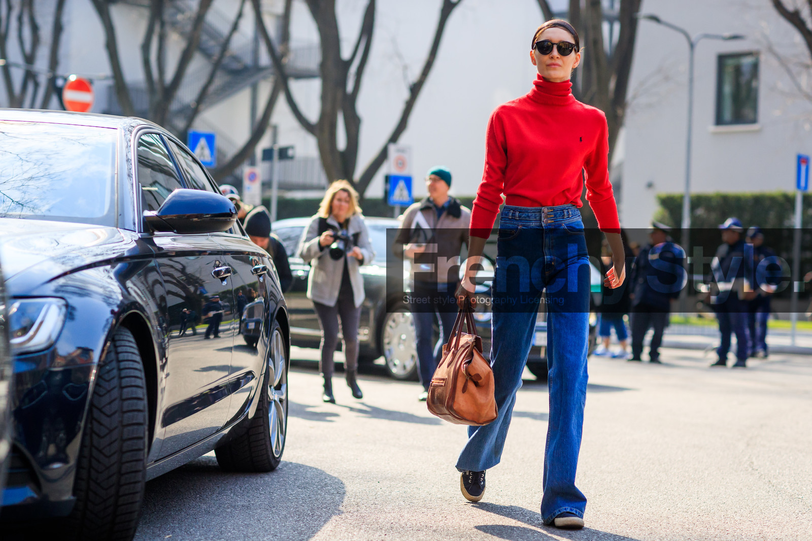 atmosphere details, AUTUMN WINTER 2017-2018, AW 17-18, black shoes, blue denim, brown bag, céline, denim pants, FALL WINTER 2017-2018, fashion week, frenchystyle, full length, FW, FW 17-18, horizontal, janice alida, jeans, jonathan paciullo, leather bag, leather shoes, MFW, MILAN, model, ralph lauren, red sweater, street style, sunglasses, trousers, turtleneck sweater