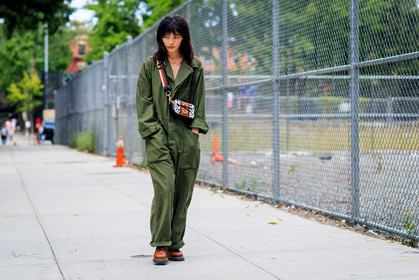 animal print, atmosphere details, brown boots, fashion week, frenchystyle, full length, FW, green jumpsuit, horizontal, jonathan paciullo, leather bag, model, NEW YORK, NYFW, printed bag, rina fukushi, SPRING SUMMER 2018, SS 18, street style, trousers, zebra