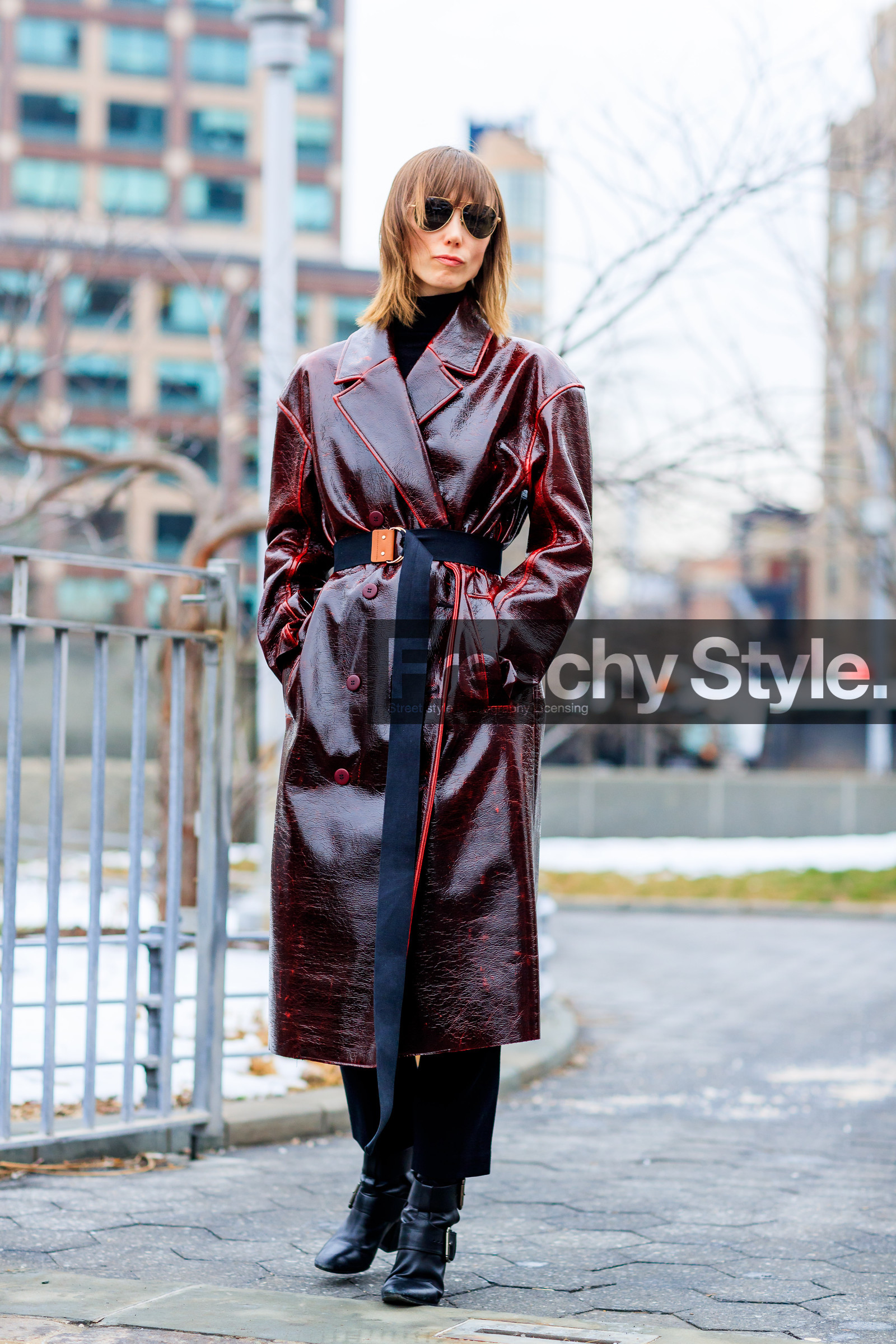 anya ziourova, AUTUMN WINTER 2017-2018, AW 17-18, belted coat, black boots, black shoes, blue belt, bordeaux, burgundy, FALL WINTER 2017-2018, fashion week, frenchystyle, full length, FW, FW 17-18, high heels, jonathan paciullo, leather coat, leather shoes, NEW YORK, NYFW, red coat, street style, sunglasses, trousers, vertical