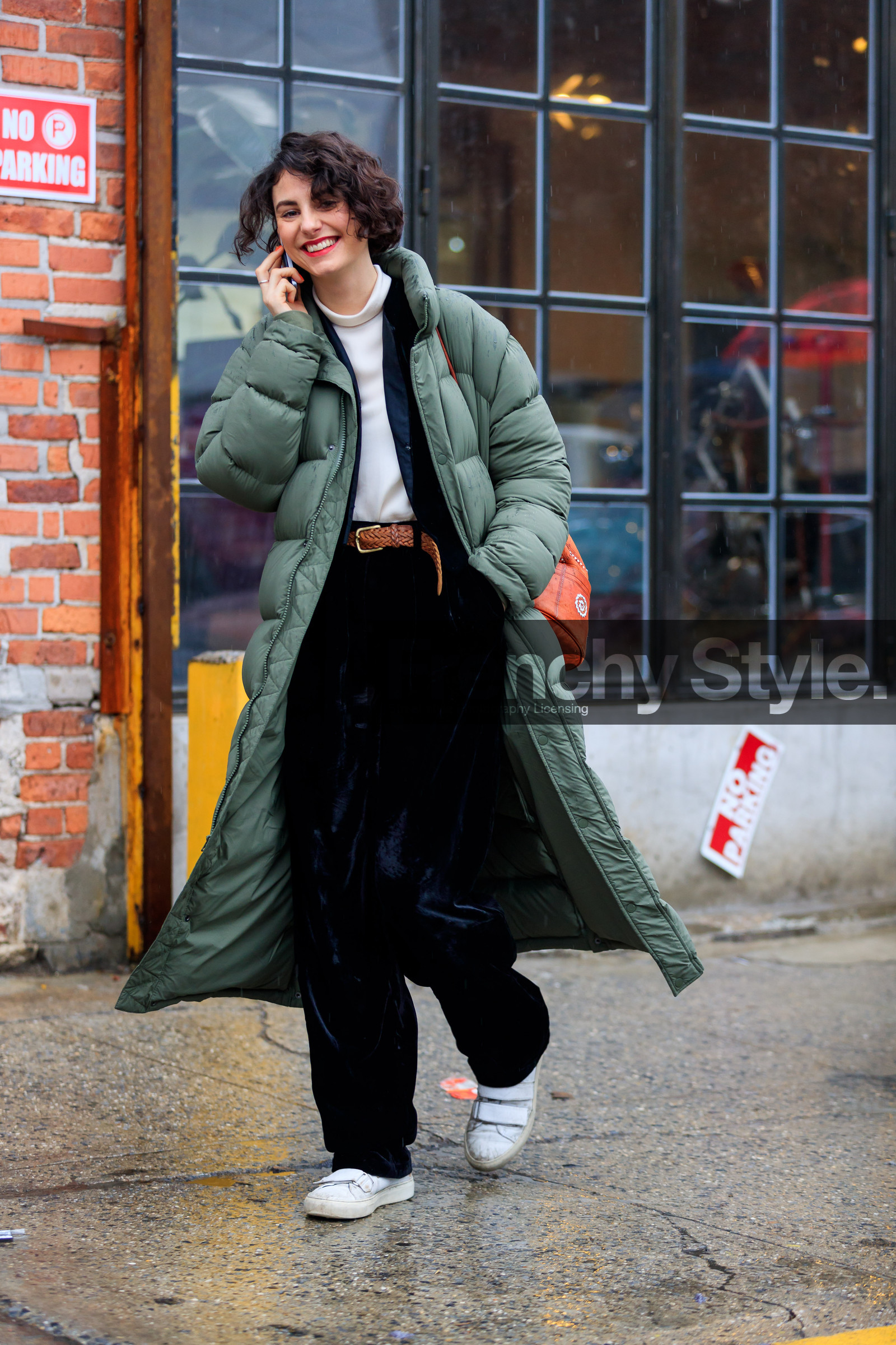 black pants, brown belt, down jacket, green coat, leather belt, leather shoes, trousers, velvet, white sneakers, white sweater, street style, jonathan paciullo, FW, frenchystyle, fashion week, NYFW, NEW YORK, AUTUMN WINTER 2018-2019, AW 18-19, FALL WINTER 2018-2019, FW 18-19, vertical, full length