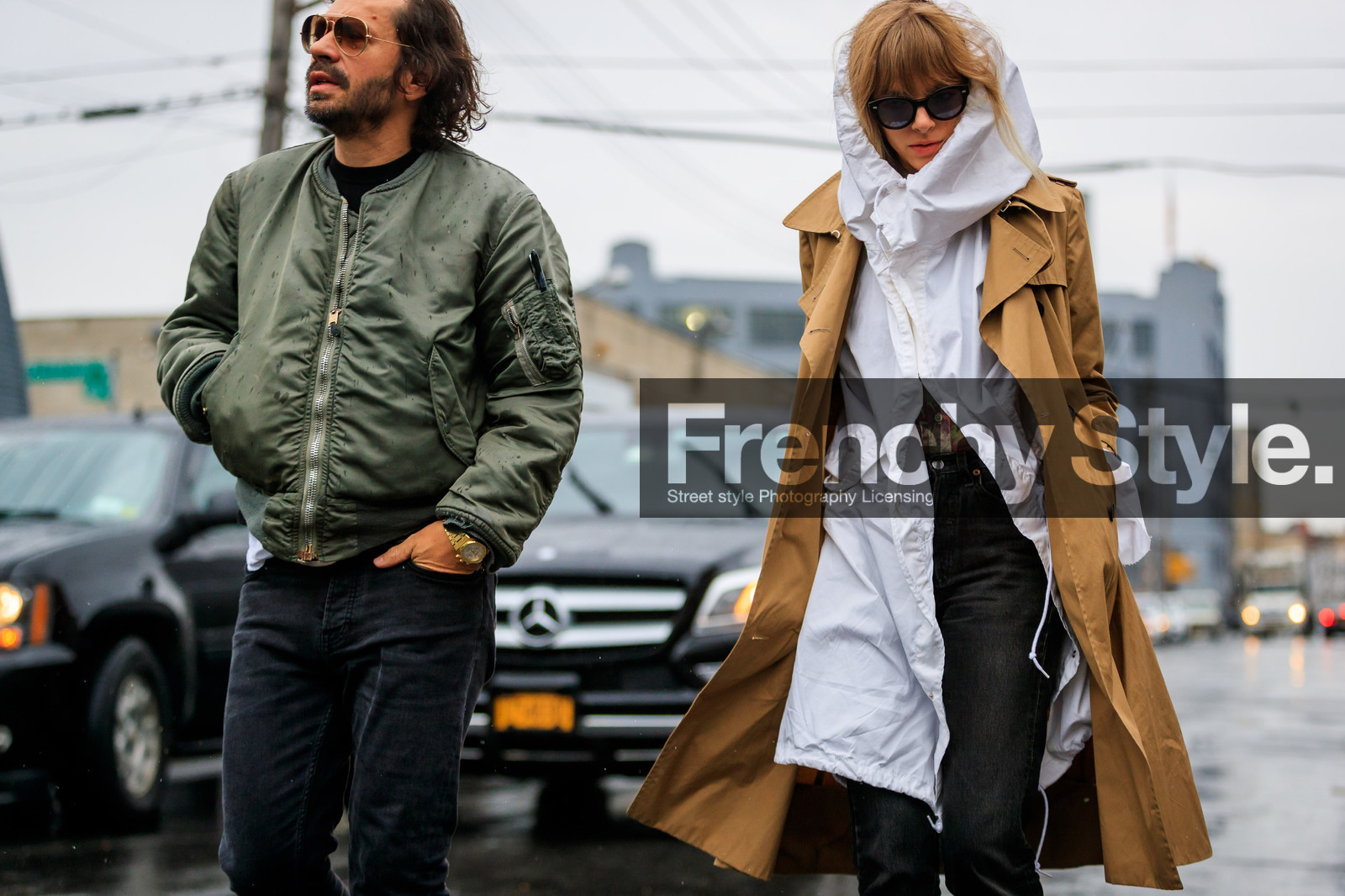 beige coat, black denim, bomber jacket, denim pants, green jacket, hood, jeans, rain coat, sunglasses, trench coat, trousers, watch, white jacket, street style, jonathan paciullo, FW, frenchystyle, fashion week, NYFW, NEW YORK, AUTUMN WINTER 2018-2019, AW 18-19, FALL WINTER 2018-2019, FW 18-19, atmosphere details, horizontal, detail, olivier zham, amanda wall