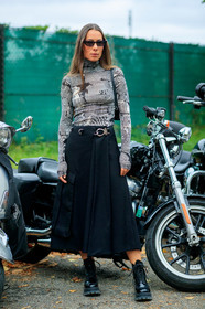 alice & j.s, alice barbier, prada sneakers, black sneackers, black boots, black skirt, black sunglasses, black top, laced boots, mid long skirt, printed top, striped top, turtleneck top, tight top, fashion week, frenchystyle, FW, jonathan paciullo, street style, SPRING SUMMER 2020, SS 20, PFW, PARIS, vertical, full length