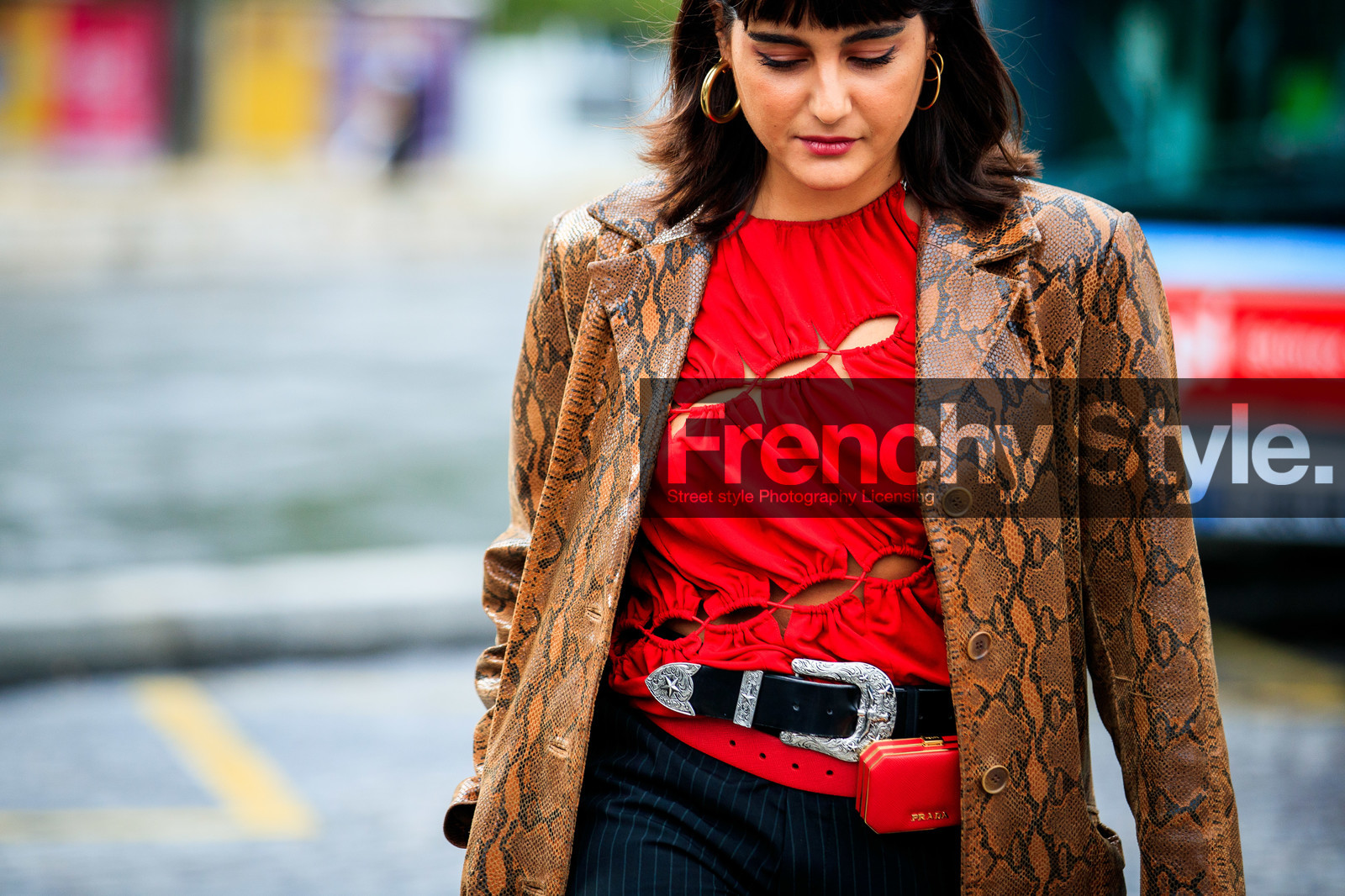 maria bernad, red top, red blouse, red leather bag, openwork blouse, openwork top, laced blouse, laced top, animal skin jacket, snake skin jacket, camel leather jacket, camel jacket, leather jacket, long jacket, belted blouse, belted top, black leather belt, cowboy belt, belt bag, prada bag, prada belt, mini bag, square shape bag, silvered chain strap bag, hand bag, hoop earrings, golden earrings, coperni bag, dark grey pants, striped pants, flare pants, fashion week, frenchystyle, FW, jonathan paciullo, street style, PFW, PARIS, SPRING SUMMER 2021, SS 21, horizontal, atmosphere details, detail