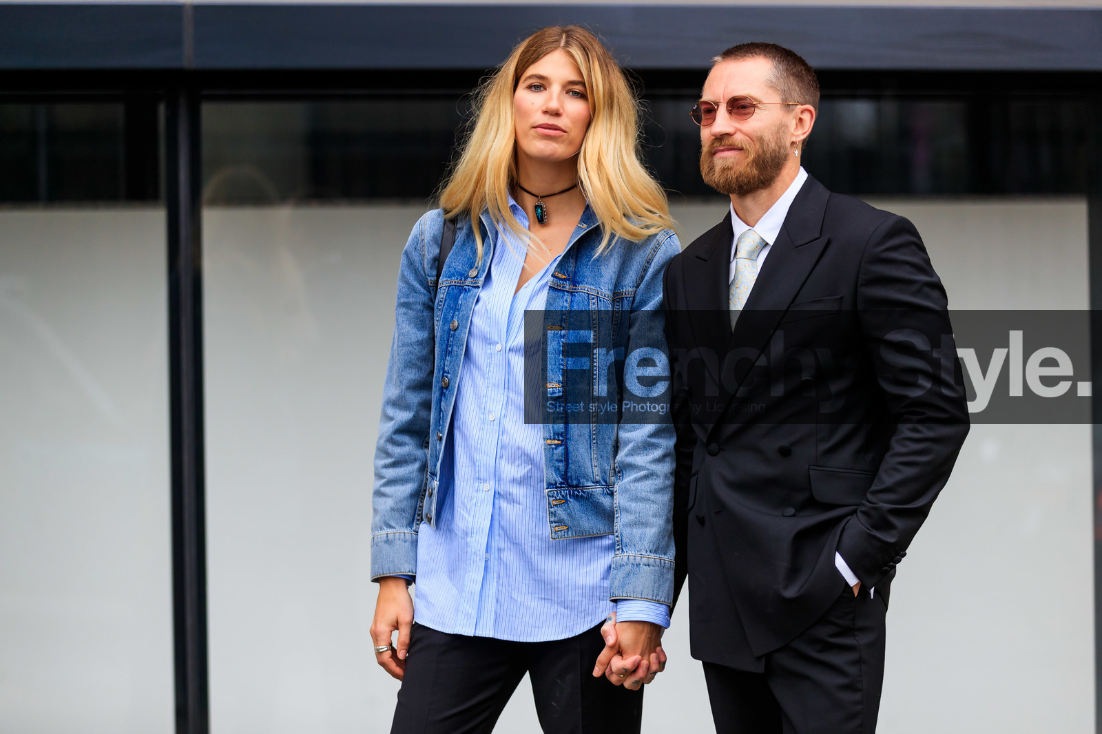 black jacket, black pants, black suit, blue denim, blue shirt, choker, denim jacket, jusrtin, justin o'shea, Monika Schamberger, necklace, trousers, veronika heilbrunner, white shirt, street style, jonathan paciullo, FW, frenchystyle, fashion week, LFW, LONDON, AUTUMN WINTER 2019-2020, AW 19-20, FW 19-20, FALL WINTER 2019-2020, horizontal, atmosphere details, detail