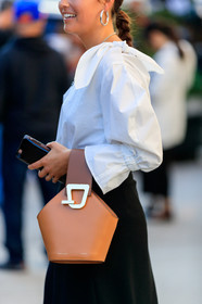 atmosphere details, braids, brown bag, danse lente, detail, earrings, fashion week, frenchystyle, FW, graphic bag, jonathan paciullo, leather bag, NEW YORK, NYFW, rachael wang, SPRING SUMMER 2018, SS 18, street style, vertical, white shirt