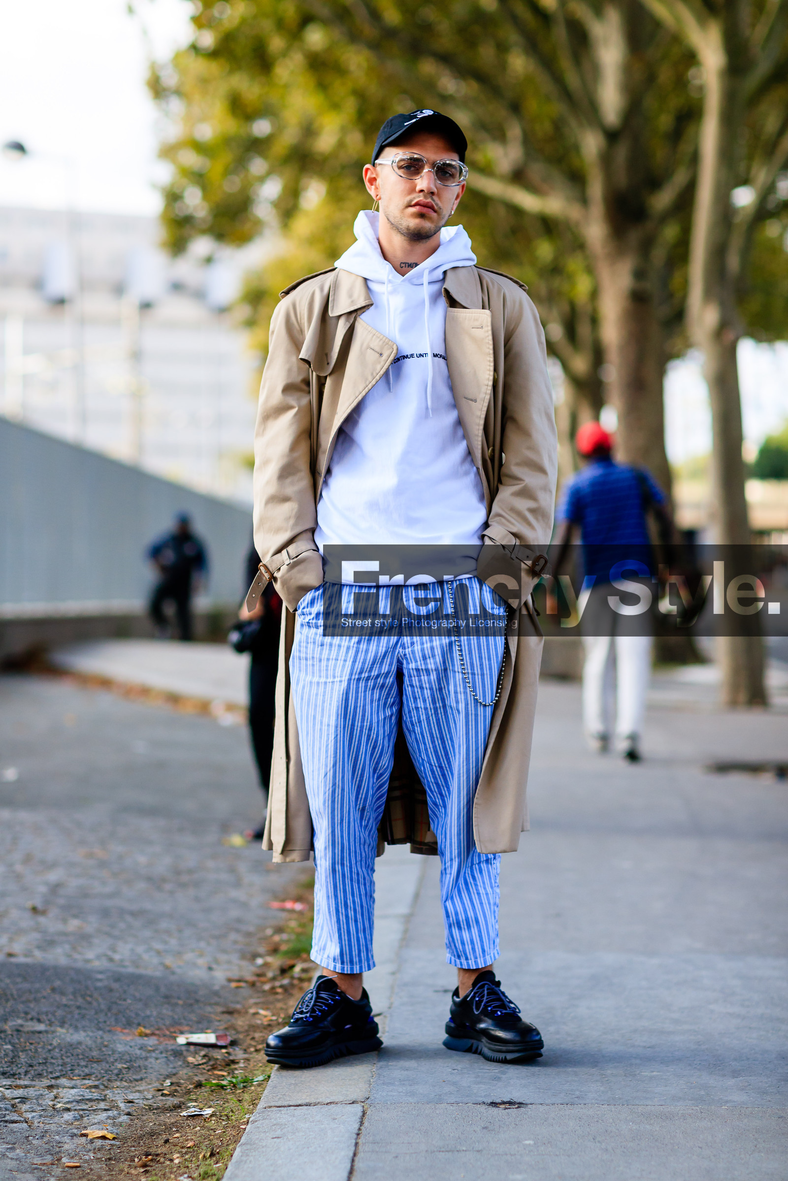 black cap, black sneakers, blue pants, fashion week, frenchystyle, full length, FW, graphic pants, hoodie, jonathan paciullo, leather shoes, PARIS, PFW, printed pants, SPRING SUMMER 2017, SS 17, street style, striped pants, sunglasses, trench coat, trousers, vertical, white sweater