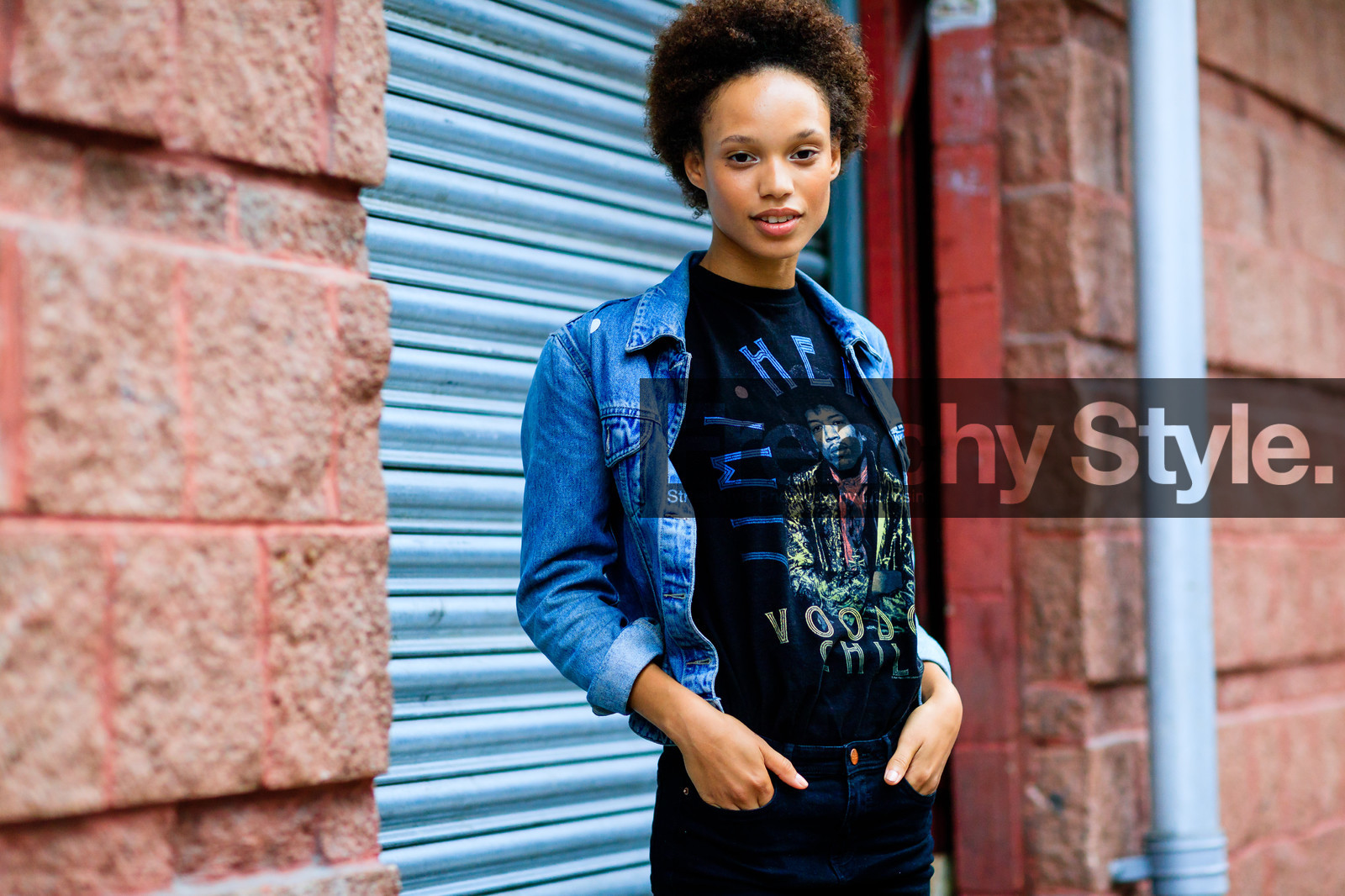 atmosphere details, black denim, black pants, black t shirt, blue denim, curly hair, denim jacket, denim pants, detail, fashion week, frenchystyle, FW, horizontal, jeans, jonathan paciullo, LFW, LONDON, model, printed t shirt, SPRING SUMMER 2017, SS 17, street style, trousers, woman