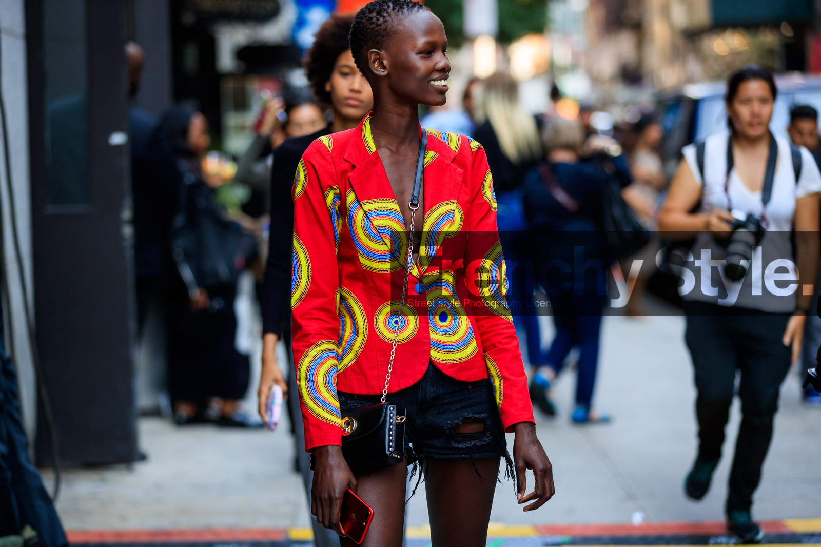 atmosphere details, black bag, black denim, blazer, denim shorts, detail, fashion week, frenchystyle, FW, horizontal, jonathan paciullo, leather bag, model, NEW YORK, NYFW, printed jacket, psychedelic, red jacket, SPRING SUMMER 2018, SS 18, street style, studs